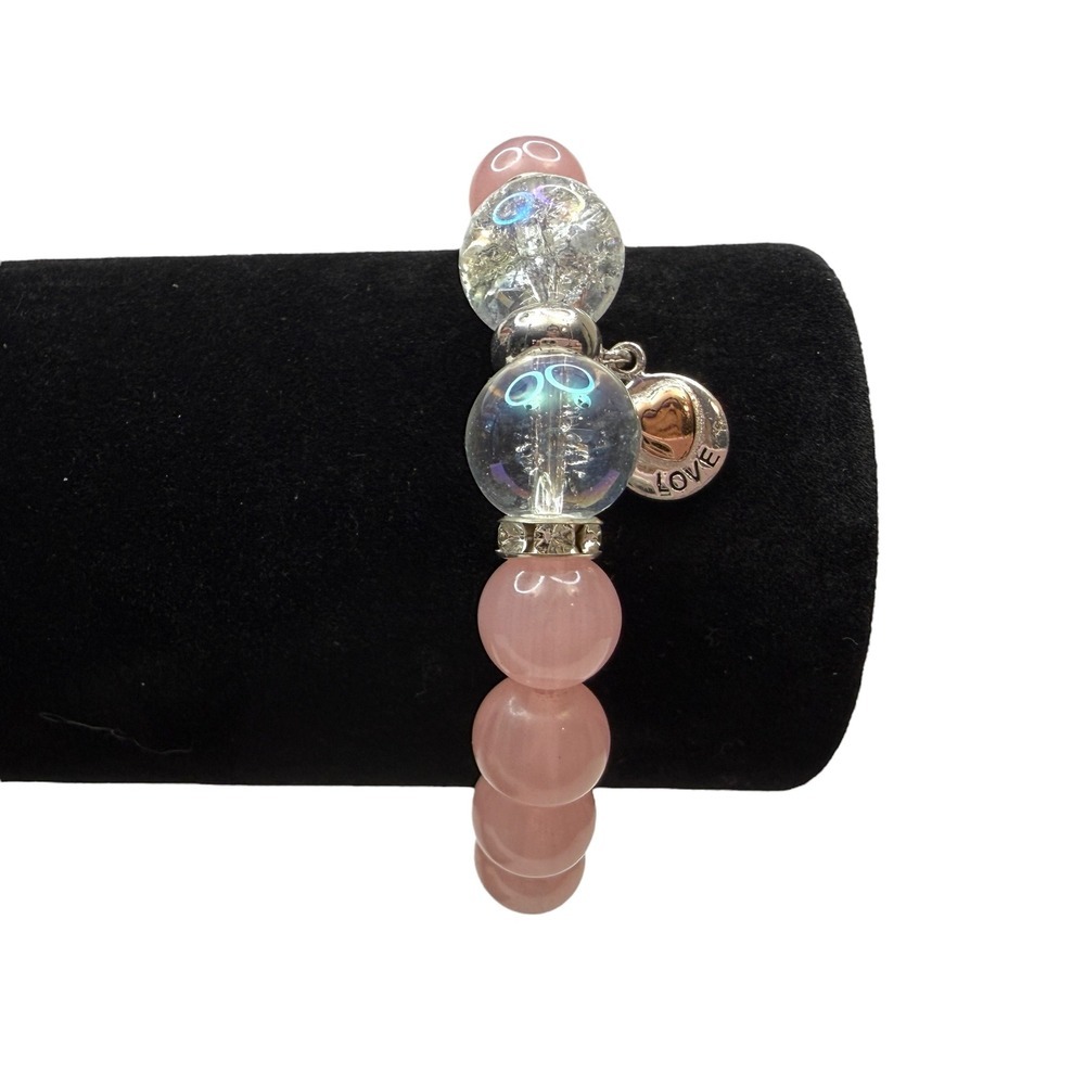 Rose Quartz Stone Bead 925 Sterling Silver Charm Bracelet Love Heart Jewelry